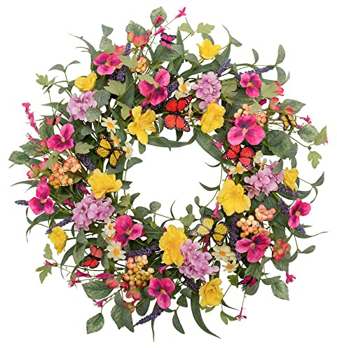 VGIA 20 inch Flower Wreath Spring Door Wreath Artificial Summer Wreath Spring Decorations with Colorful Silk Flowers and Butterflies for Home Wedding Farmhouse Holiday Decor