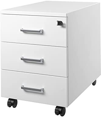Rollcontainer mit Schubladen Weiss, abschließbarer Bürocontainer mit 3 Schüben, vormontiert, inkl. Metallgriffe, Schubladenschrank H57 x B42 x T60 cm, Aktenschrank Büroschrank weiß