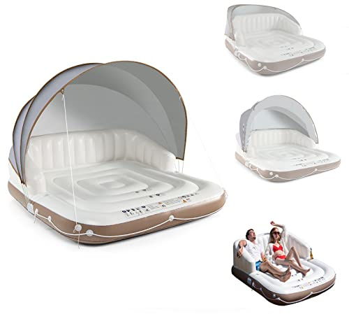 GYMAX Matelas Gonflable Piscine 2-en-1, Lit Gonflable Piscine avec Auvent Rétractable UPF 50+, Canapé Gonflable Ergonomique Charge 200KG, Lit Flottante de Lounge avec 2 Porte-gobelets