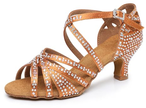 Rosefinch Scarpe da Ballo Latino da Donna con Strass Fondo Morbido Modern Pole Dance Ballroom da Sposa Scarpe Latine Regolabili per Ragazze Signore Marrone 5cm Tacco 38 EU