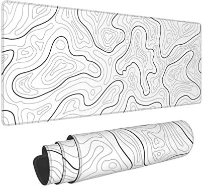 Abstract Topographic Map White Grey Black Gaming Mouse Pad Long Mouse Pad Large Desk Mat 31.5 X 11.8 Inch Mousepad with Non-Slip Base Stitched Edge Keyboard Mat for Gaming Office