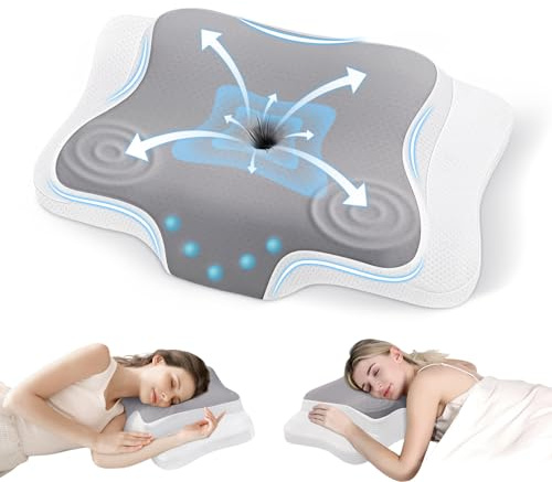 JINXIA Cervical Memory Foam Pillow for Neck Pain, Bed Sleeping Pillow for Shoulder Pain,Ergonomic Orthopedic Support Pillow for Side/Back/Stomach Sleepers with Removable Cover(Ice Silk Pillowcase)
