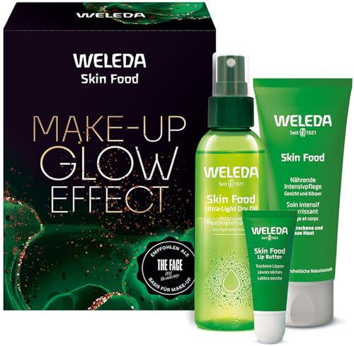 WELEDA Bio Geschenk Set Skin Food Make-Up Glow Effect - Naturkosmetik Geschenkbox mit Skin Food Hautpflege & 2in1 Dry Oil & Lip Butter Lippenbalsam. Unisex Gesichtspflege/Körperpflege Geschenkset