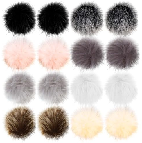 16 pompon in pelliccia sintetica per cappelli, pompon da 10 cm, con passante elastico per cappelli, ciondoli fai da te e decorazioni