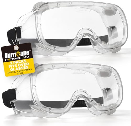 HURRICANE 2 Pack PVC safety goggles, UV400 transparent lenses, with white air valve, anti-fog function, adjustable elastic band