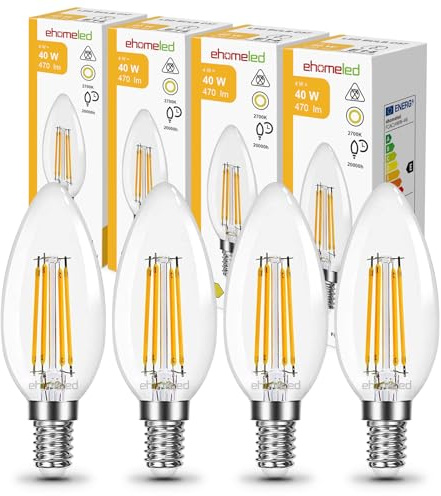 ehomeled Lampadina Filamento LED E14, 4W Equivalenti a 40W, 470Lm, C35 a Candela，Luce Bianca Calda 2700K, Confezione da 4 Pezzi