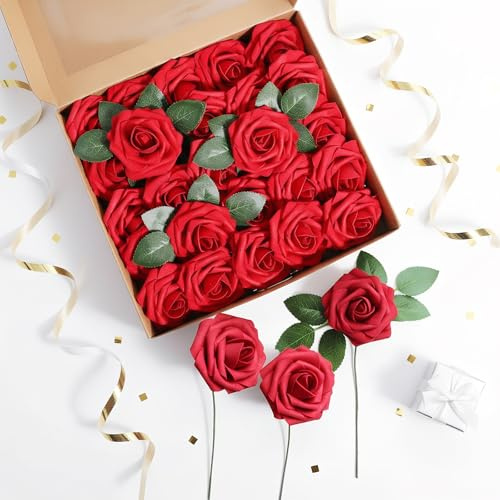 25 Pezzi di Rose Artificiali Rosse, Rose Fiori Artificiali, Rosa Rosse Artificiali con Steli per Matrimonio, Decorazioni di Compleanno, San Valentino, Decorazioni per Feste, Decorazioni per La Casa