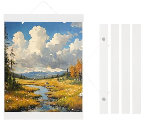 PATIKIL 2Set Magnetic Poster Hanger Frame 8in Magnet Picture Hangers,White | Wooden Magnet Frames Wide Hanging Kit for Photos, Pictures, Artwork, Maps