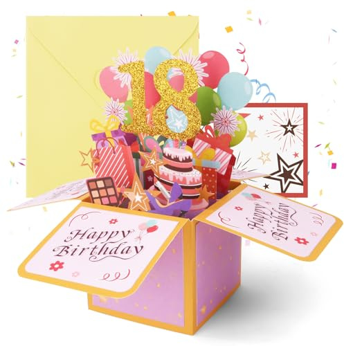 OFFCUP 18 Anni Biglietto Auguri Compleanno 3D Biglietti Auguri Regalo Divertente Pop Up Biglietti di Compleanno con Busta e Carta Biglietto di Auguri per Uomo Donna Famiglia Amica Festa