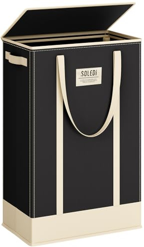 SOLEDI Wäschekorb Schmal mit Deckel, 53L Wäschesammler mit Griffen für Kleidung, Faltbarer Laundry Baskets Für Badezimmer, Schlafzimmer, Waschküche, Schwarz