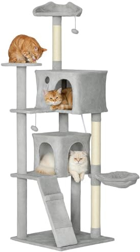 PawHut Árbol Rascador para Gatos, Árbol para Gatos 180 cm, Torre Escalador con Múltiples Plataformas, Cama, 2 Cuevas, Hamaca, Escalera, Postes de Sisal, Bolas para Jugar, Gris Claro