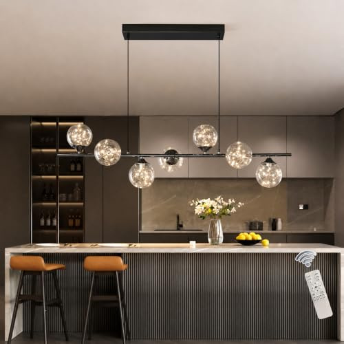 GEADI Lampadario a Sospensione Moderna per Cucina, Lineare Lampadario LED Soffitto Dimmerabile, Lampada a Sospensione per Soggiorno regolabile, 7 Luci Vetro Globo Lungo Sala da Pranzo Nero