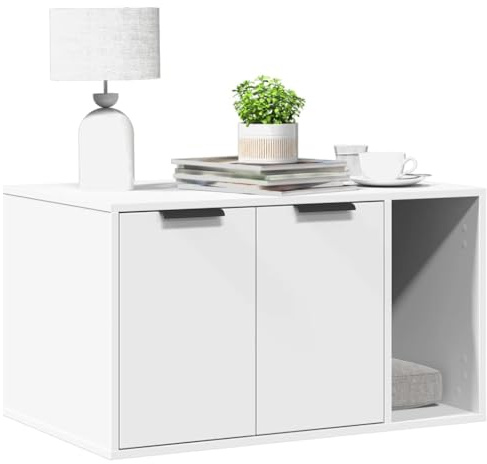 Mokuyary Meuble de bac à litière pour Chat Blanc Bois d'ingénierie Meuble Litière Chat, Maison de Toilettes Table Basse pour Salon, Chambre, Balcon -B 857733