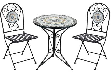 IlGruppone Set Bistrot Tavolino con Mosaico in Ceramica con 2 Sedie Pieghevoli - ANTIRUGGINE per Esterno Terrazzo, Giardino, Patio Casa, Bar, Ristoranti - Gela