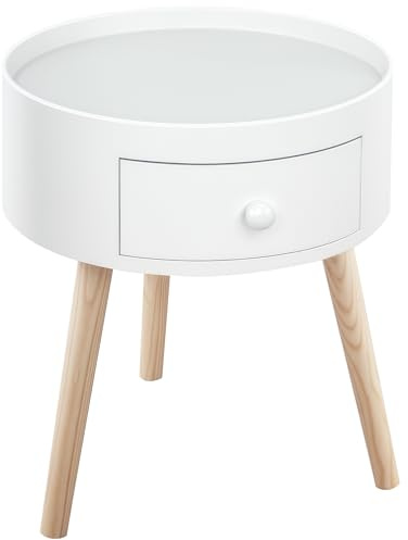 HOMCOM Table Basse - Table d'Appoint Ronde, Tiroir, Chêne Clair Blanc