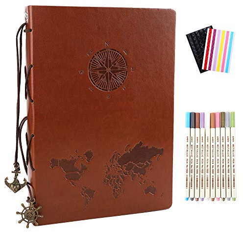YHH Album Photo Scrapbooking Voyage, 60 Pages Noires, DIY Livre d'or Mariage Vintage Cuir Scrapbook Album Traditionnel Adhesif Album Souvenir pour Anniversaire, Idees Cadeau Noël Femme Homme Boussole
