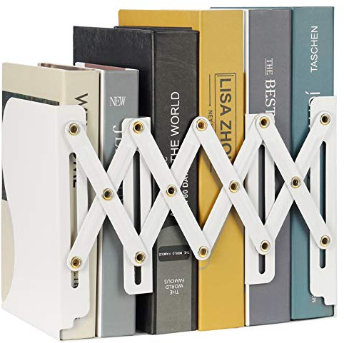 Olebes Adjustable Book Ends, Metal Iron Non Skid Boo kends, Expandable Bookcase Bookend Stand Holder Book Storage Rack, Heavy Bookends for Office Desk, Shelf, Stationery (White)