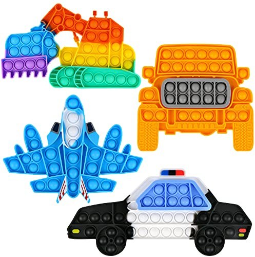 EVERMARKET 4 Pack Push Pop Bubble Sensory Fidget Toys,Rainbow Simple Fidget Toy Pack Bubble Popper Silicone Squeeze Toy Stress Relief Hand Toys Popping Game(Excavator,SUV,Aircraft, Police Car)