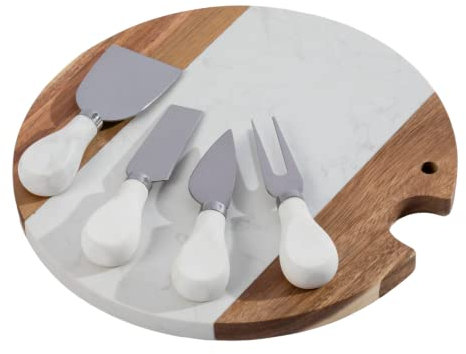 Homiu Marble Wooden Cheese Board Set | 4 Stainless Steel Knife & Fork | Cheese Platter Cutting for Cracker and Meat | Essentials Wooden Serving Plate Tray | Gift for Christmas & Birthday