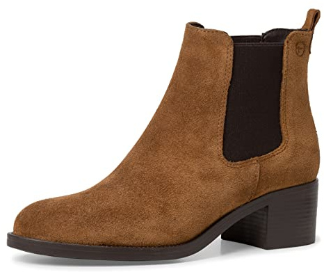 Tamaris Botines Chelsea de Tacón Cuadrado de Piel para Mujer, Cómodos, Coñac, Ante, 39 EU