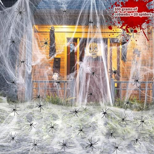 Halloween spindelnät dekoration, 100 g stretchigt spindelnät och 20 konstgjorda spindlar, halloweendekoration utomhus spindelnät, stretchig spindelväv för halloweenfest, spökhus, trädgård, gård,
