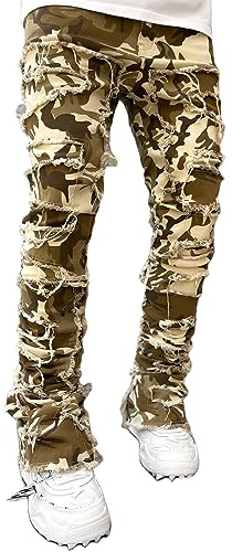 Giraropa Mens Black Stacked Jeans Slim Fit Ripped Jeans Destroyed Straight Denim Pants Harajuku Hip Hop Trouser Streetwear (Camouflage, S)