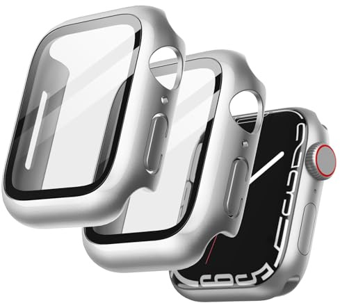 JETech Hülle mit Displayschutz für Apple Watch Series 9 8 7 41 mm, Gesamt Schutzhülle, Eingebaut Gehärtetes Glas Schutzfolie Hoch Empfindlichkeit, 2 Stück (Silber)