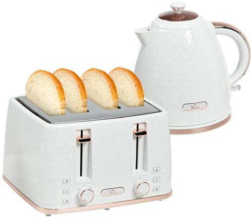 HOMCOM Kettle and Toaster Set, 1.7L 3000W Fast Boil Jug Kettle with Auto Shut Off, 4 Slice Toaster with 7 Level Browning Controls & Crumb Tray, UK Otter Thermostat, Cream