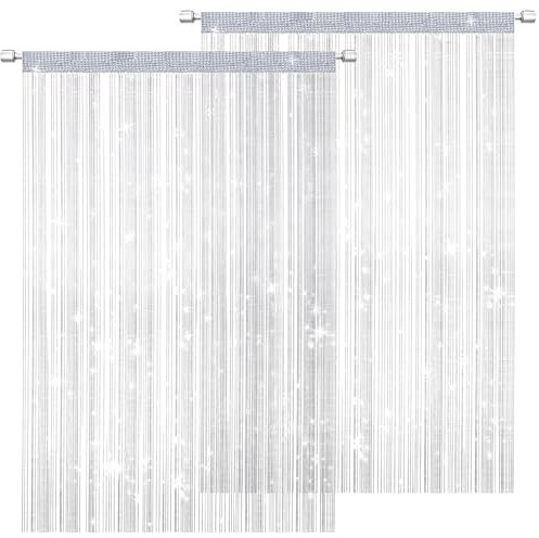 DALAETUS 2 Pcs Glitter String Curtain Panel Set, 100 x 200 CM Decorative Door Curtain, Tassel Ribbon Strip Silver Screen, Room Divider for Living Room, Bedroom, Party (White)