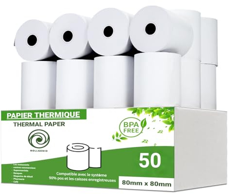 Rollgenio 50 Bobine Rouleaux thermique 80x80mm papier pour caisse enregistreuse, terminal POS,imprimante EPOS