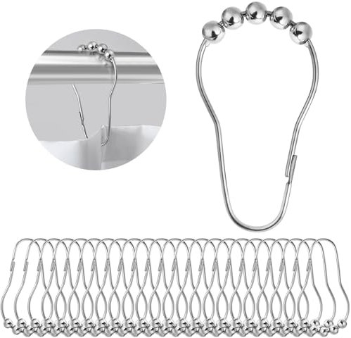 Alaoo Duschvorhang Haken, 24 Stück Duschvorhangringe Duschvorhanghaken, Mit Kugelgleitsystem, Geeignet für Duschvorhangstange, Gardinenstange und Kleiderstange（Silber）