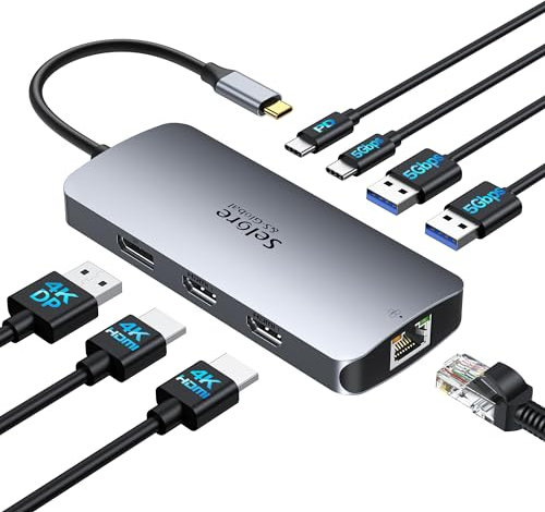 Estación de acoplamiento USB C Dual HDMI, 8 en 1 Docking Station para 3 monitores Triple Pantalla 4K con 2 HDMI, DisplayPort, Ethernet de 1 Gb/s, PD 100 W, Adaptador de puertos USB 3.0 para Dell, HP,