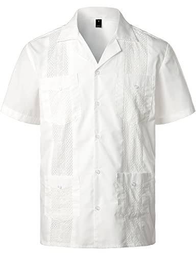 ChahuerOu Chemise Estivale à Manches Courtes Cubaine Guayabera De Couleur Unie avec Poches Multiples Surdimensionnées Et Broderies Florales pour Hommes