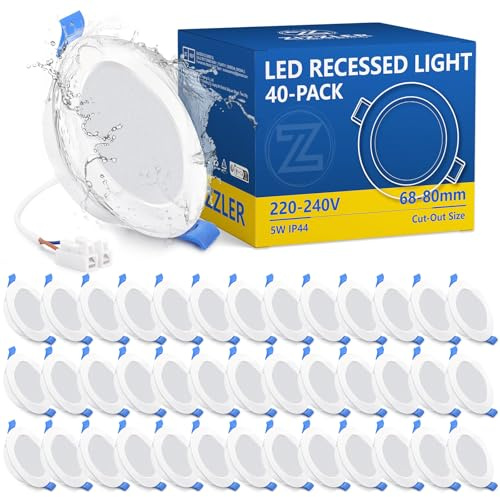40 Pack, Led Downlight 230V, IP44 Vattentät Inbyggningsspotlight, 5W Varmvit 3000K, Badrum, Kök, Vardagsrum, Sovrum, Hål 68mm - 80mm, Diameter 90mm, 24mm Extra Platt