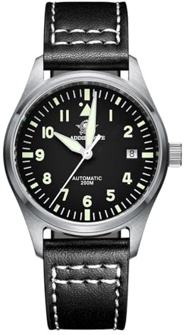 ADDIESDIVE Aviateur Pro Diver Montre Automatique Homme Mouvement NH35/8215，Bracelet Cuir 20 mm, Cadran pointeur 200 m