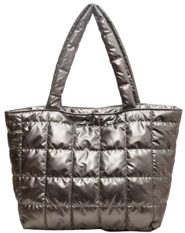 JIABAOZ Puffer Tote Bag Women's Glossy Quilted Puffy Tote Bag Down Padded Shoulder Aesthetic Handbag Cute Handbag (Silbergrau)