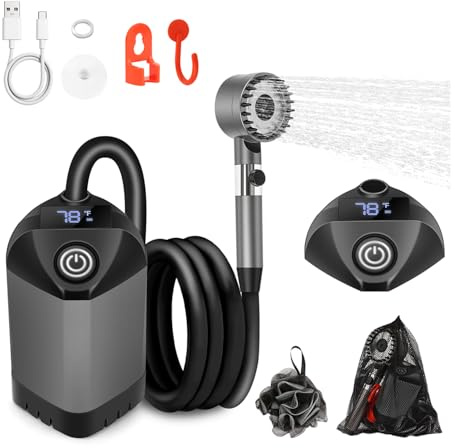 MarvinnanSlyke Portable Shower for Camping,7800mAh Rechargeable Camping Shower Pump,IPX8 Waterproof Outdoor Shower with LED Display and 3 Spray Modes for Hiking,Travel, Pet, Car Wash,RV Life