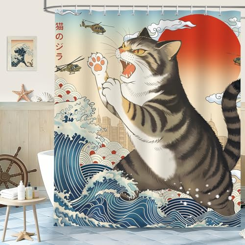 hometrixx Retro Cortina de Ducha Divertida 180x200 cm Anime Gato Sol Japonesa Onda Marina Helicóptero Impermeable Poliéster Cortina Bañera con 12 Ganchos Lavable a Máquina para Baño Bañera