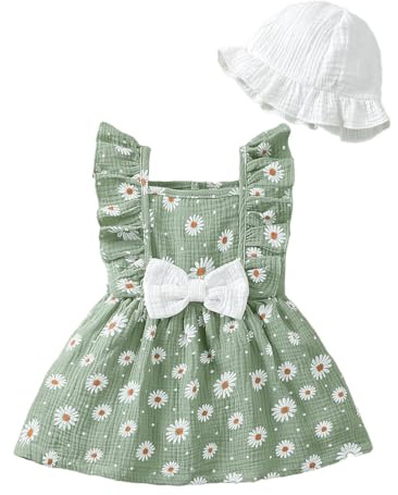 JENJON Conjunto Vestido y Gorro para Niña Pequeña Mangas con Volantes Estampado de Corazones/Flores de Algodón Lino Ropa de Primavera Verano