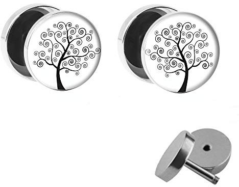 Treuheld® | Set - LEBENSBAUM - 2 Ohrstecker zum Schrauben mit Baum - Schwarz & Weiß Fake Plugs - Ø 10mm - Ohrringe Fakeplug mit Tree of Life - Silber Ohrring - Chirurgenstahl Faketunnel