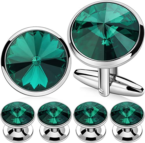 HAWSON Cufflink and Studs Tuxedo Set Silver Color with Austrian Crystals in Jet Hematite, Dark Blue, Crystal Grey,Purple, Green (Emerald)