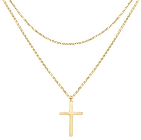 Happiness Boutique Damen Kreuz Kette in Goldfarbe | Zarte Mehrreihige Kette mit Kreuz Anhänger Edelstahlschmuck