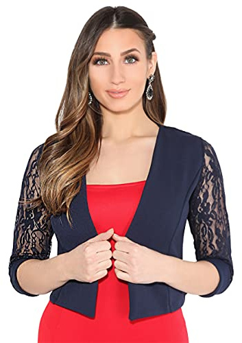 KRISP Boléro Femme Dentelle Cardigan Chic Manche Longue Élégant Soirée Grandes Tailles Mariage, Bleu Marine, 46, FR5159-NVY-18