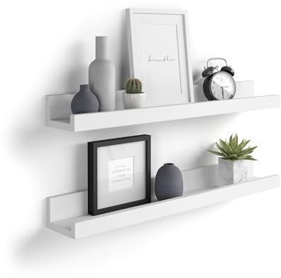 Mobili Fiver, Coppia Mensole portafoto-quadri First, 80 cm, Bianco Opaco, 80 cmx13 cmx8 cm, Nobilitato, Mensole da muro per Camera, Ingresso, Soggiorno, Ufficio, Made in Italy