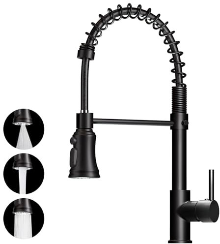 ZHZIRO Kitchen Tap, Kitchen Sink Mixer Tap with 360° Swivel Pull Down Sprayer Commercial Kitchen Taps Single Handle Mixer Tap Cold and Hot 3-Modes Spray with Standard Fittings(Black