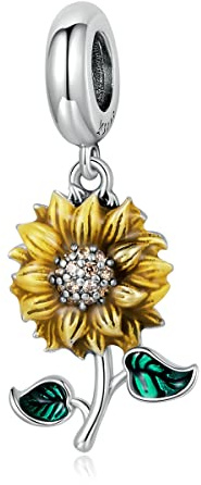 Qings Charm Encantos Abalorio Girasol Plata de Ley 925 Girasol Charms Flore Colgante Esmalte DIY Accesorio para Pulsera Collar