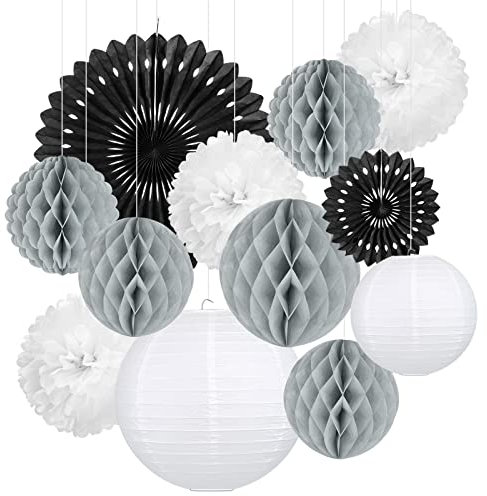Golden Bell 12 x Lampions Seidenpapier Pompoms Wabenbälle Fächer Dekoration Set Weiß Schwarz Grau für Hochzeit Deko Geburtstag Party Valentinstag Einschulungsparty Mottoparty Feier