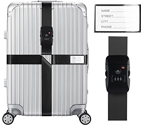 Veki Ensemble de Sangle de Bagage Croisées Approuvées TSA avec Verrou Ceintures de Valise de Voyage Réglables avec Carte d'identification et Sangles de Rangement pour Valises (Noir, 1 pièce)