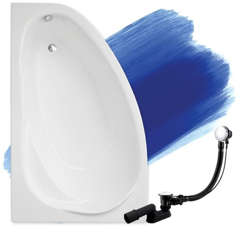 BADLAND Badewanne Original Weiß Acryl Wanne Eckbadewanne MAREA 150x100 Links KOMPLETTSET SET + Füßen und Exklusive Chrom Automatik Ablaufgarnitur Made in EU 3in1