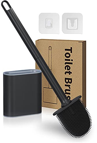 Athyior Silicone Toilet Brush with Holder Set - Flexible Bristles Toilet Brush Bendable Quick Drying Flooring Wall Mounted Long Handle Hygienic Deep Cleaner Anti-drip for Toilet Bathroom, Black
